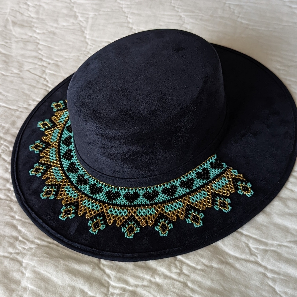 Navy Blue Hat with Beaded Art